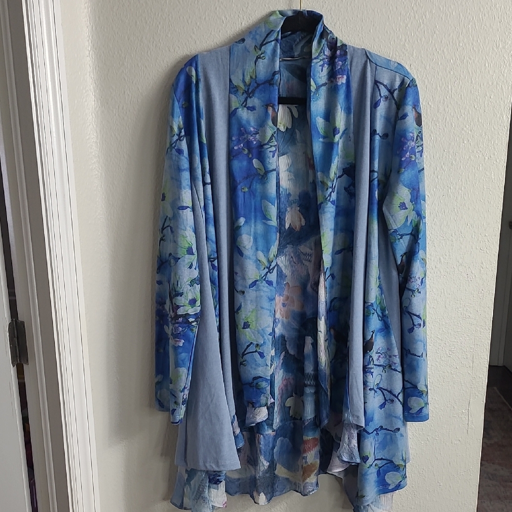 Soft Surroundings Tea Garden Open Cardigan Blue Small Koi Lotus 1921 Size Xl
